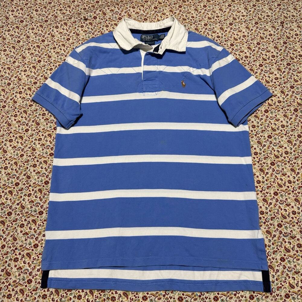 Polo Ralph Lauren Baby Blue/White Striped Rugby Polo Shirt Large